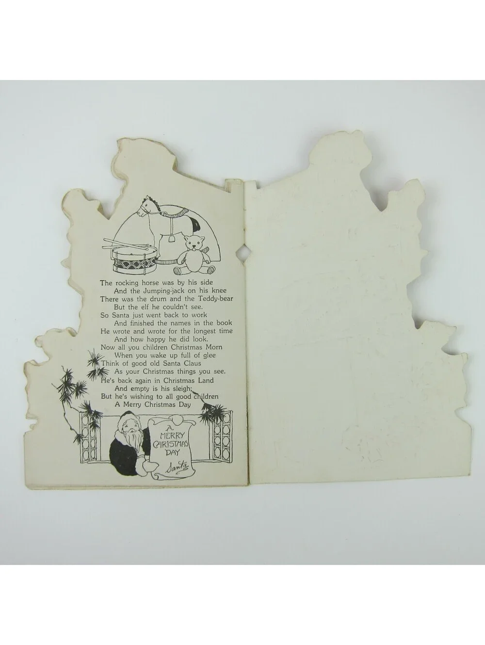 Antique Christmas Card Booklet Story Die-cut Santa Toys Rocking Horse Teddy Bear